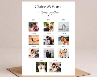 Personalised 10th anniversary photo collage card, Couples anniversary photo card, Valentines 10 years greeting card, Collection of photos