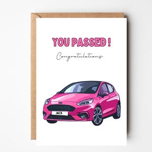 Personalisierte Fahrprüfungskarte, bestandene Fahrprüfungsgeschenk, Ford Fiesta Auto, rosa Auto, gut gemachte Karte, Herzlichen Glückwunsch, neuer Fahrer