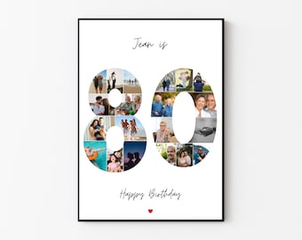 Peut inclure: Une affiche blanche avec du texte noir et un cadre noir. Le texte indique "Jean a 80 ans Joyeux anniversaire". Le nombre 80 est composé de photos de personnes.