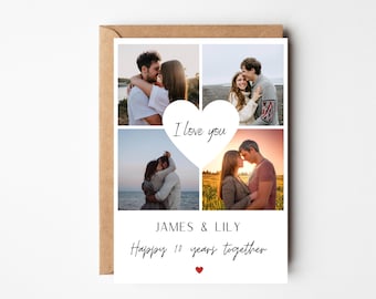 Personalised 10th anniversary photo collage card, Couples anniversary photo card, Valentines 10 years greeting card, Collection of photos