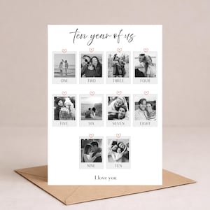 Tarjeta personalizada de décimo aniversario, feliz aniversario de mi esposa, recuerdo de mi esposo, regalo personalizado de 10 años juntos, tarjeta con collage de fotos.