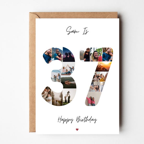 Tarjeta de collage de fotos para el 37.º cumpleaños, regalo para el 37.º cumpleaños, tarjeta de cumpleaños personalizada para esposa, tarjeta de cumpleaños para amiga, hermana, esposo