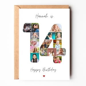 Puede incluir: Tarjeta de cumpleaños con un collage de fotos que forman el número 14. Las palabras "Hannah is" y "Happy Birthday" están escritas en cursiva, con un pequeño corazón rojo debajo. La tarjeta está en un sobre marrón.