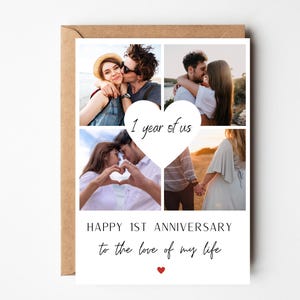 パーソナライズされた 1 周年記念フォトコラージュ カード、カップルの記念日フォトカード、一緒に過ごした 1 年カード、ボーイフレンドへのフォトコラージュ カード