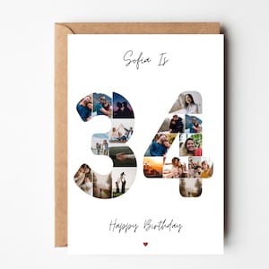 34. Geburtstag Foto-Collage-Karte, 34. Geburtstagsgeschenk, personalisierte Geburtstagskarte für Frau, 34. Geburtstagskarte für Freund, Schwester, Ehemann