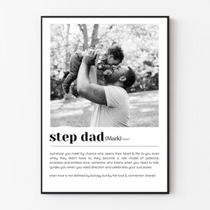 May include: Black and white photo of a father and child. The father is holding the child up in the air. The photo is framed with a black border and has the text "step dad (Mark) noun" and a definition of the word stepdad below the photo.