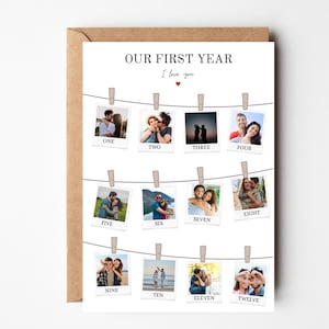 パーソナライズされた 1 周年記念フォト コラージュ カード、結婚 1 年目、1 周年フォト カード、自分の写真を追加、バレンタイン フォト コラージュ、カップル ギフト