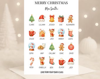 Puede incluir: Una tarjeta de Navidad con el texto "MERRY CHRISTMAS Mrs Smith" e ilustraciones de iconos navideños. La tarjeta incluye nombres como Claire, Lillian y Jessica, con el mensaje "LOVE FROM YOUR YEAR 6 CLASS".