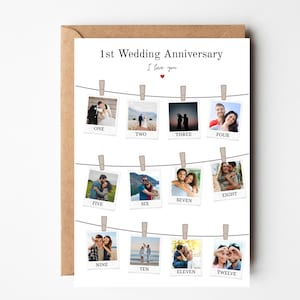 パーソナライズされた 1 周年記念フォト コラージュ カード、結婚 1 年目、1 周年フォト カード、自分の写真を追加、バレンタイン フォト コラージュ、カップル ギフト