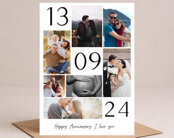 May include: A rectangular photo collage card featuring the date 13 09 24 in large black font. The card displays six personal photographs of couples and a pregnant belly, with the handwritten text Happy Anniversary. I love you at the bottom.