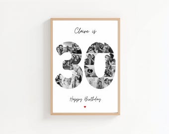 May include: A framed black and white photo collage. The number "30" is formed by multiple small photos. The words "Claire is" and "Happy Birthday" are written above and below the number, respectively. A small red heart is below the words "Happy Birthday".