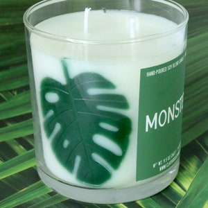 Bougie de récipient parfumée de feuilles de Monstera, papa de maman de plante damant de plante, cadeaux pour elle lui, jour de la terre de mois de la terre, fête des mères, Monstera Albo image 3