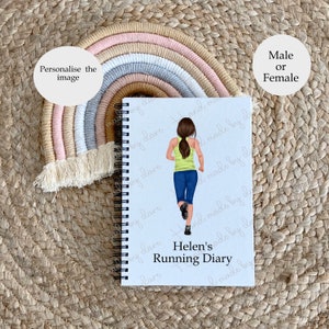 May include: A running diary notebook with the text "Helen's Running Diary" and an illustration of a person running. The notebook is set against a woven background and a rainbow-shaped wall hanging.