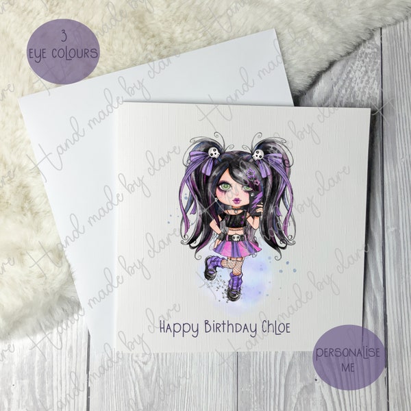 Personalised Gothic Girl Happy Birthday Card - Various Eye Colours, Goth Girl, Gothic Birthday Card, Goth Birthday Card, Goth Card