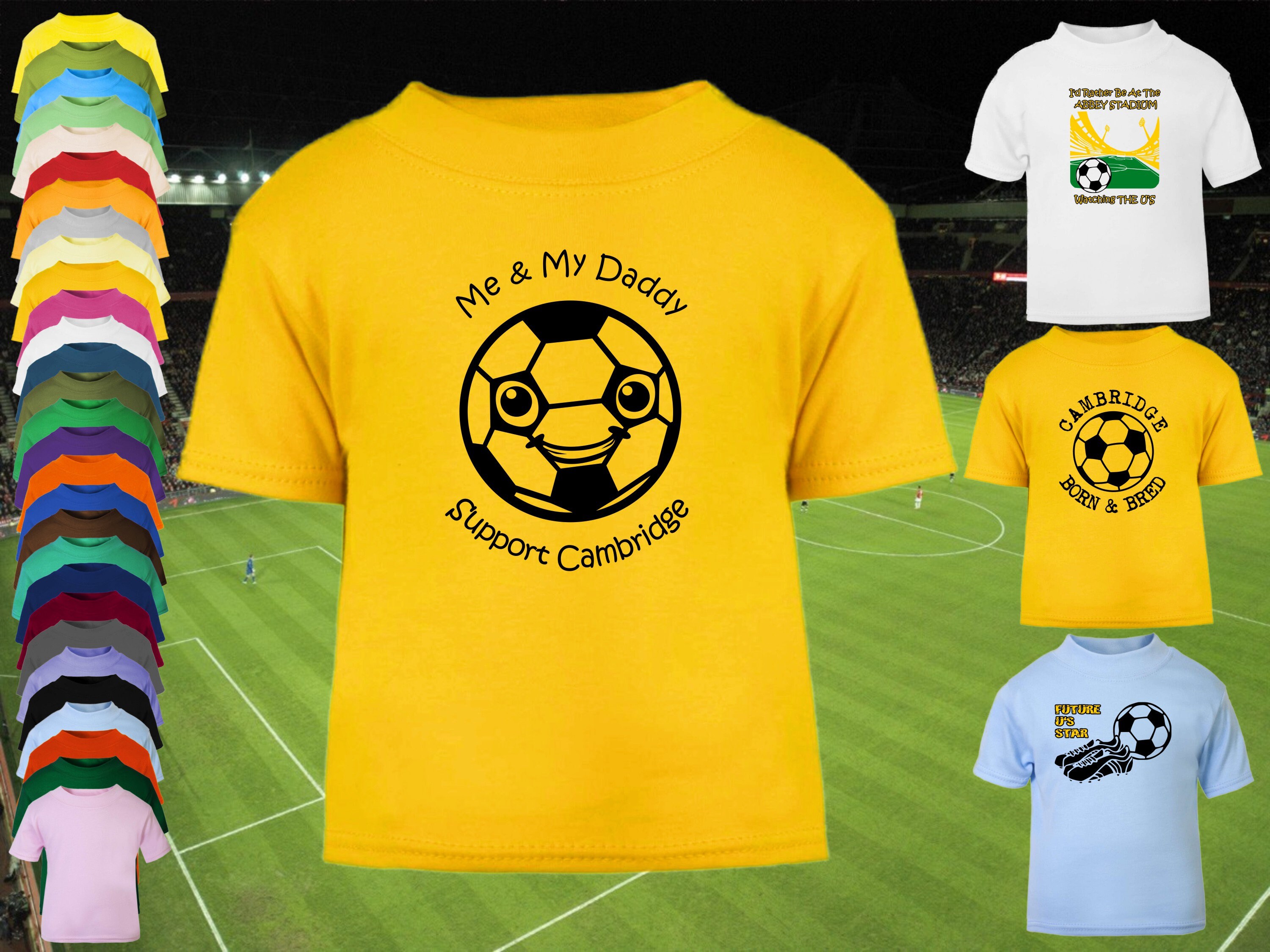 CAMBRIDGE UNITED Supporter Football Baby/Children's/Kid's T-shirt Short Sleeve Top-0-6m to 14-15yrs-28 colours-Cotton-Unisex/Boys/Girl-Daddy