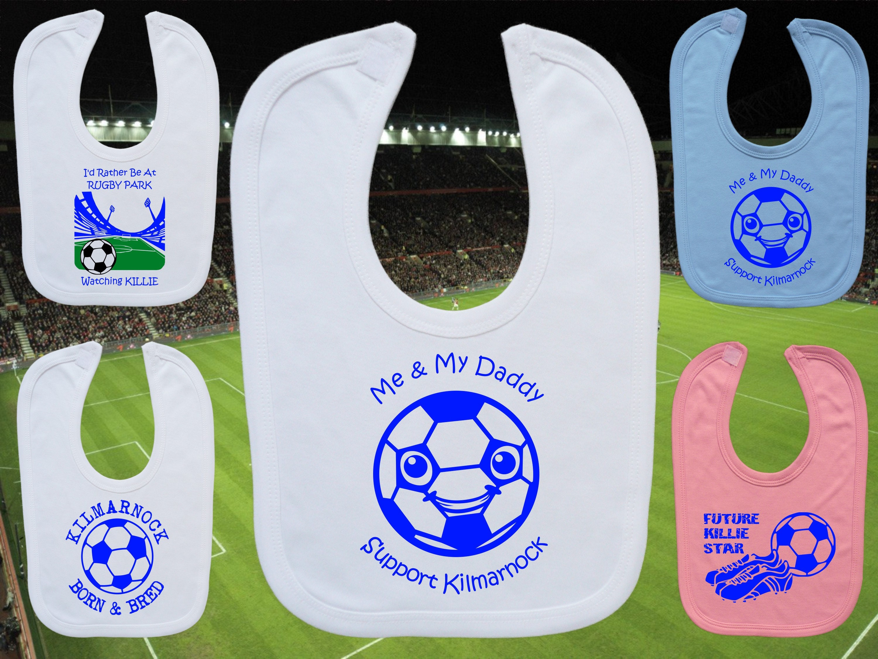 KILMARNOCK Supporter Football Baby BIB Gift-0-24m-White/Blue/Pink-100% Cotton-Unisex/Boys/Girls-Me & My Daddy/Mummy~Future Star~Born + Bred