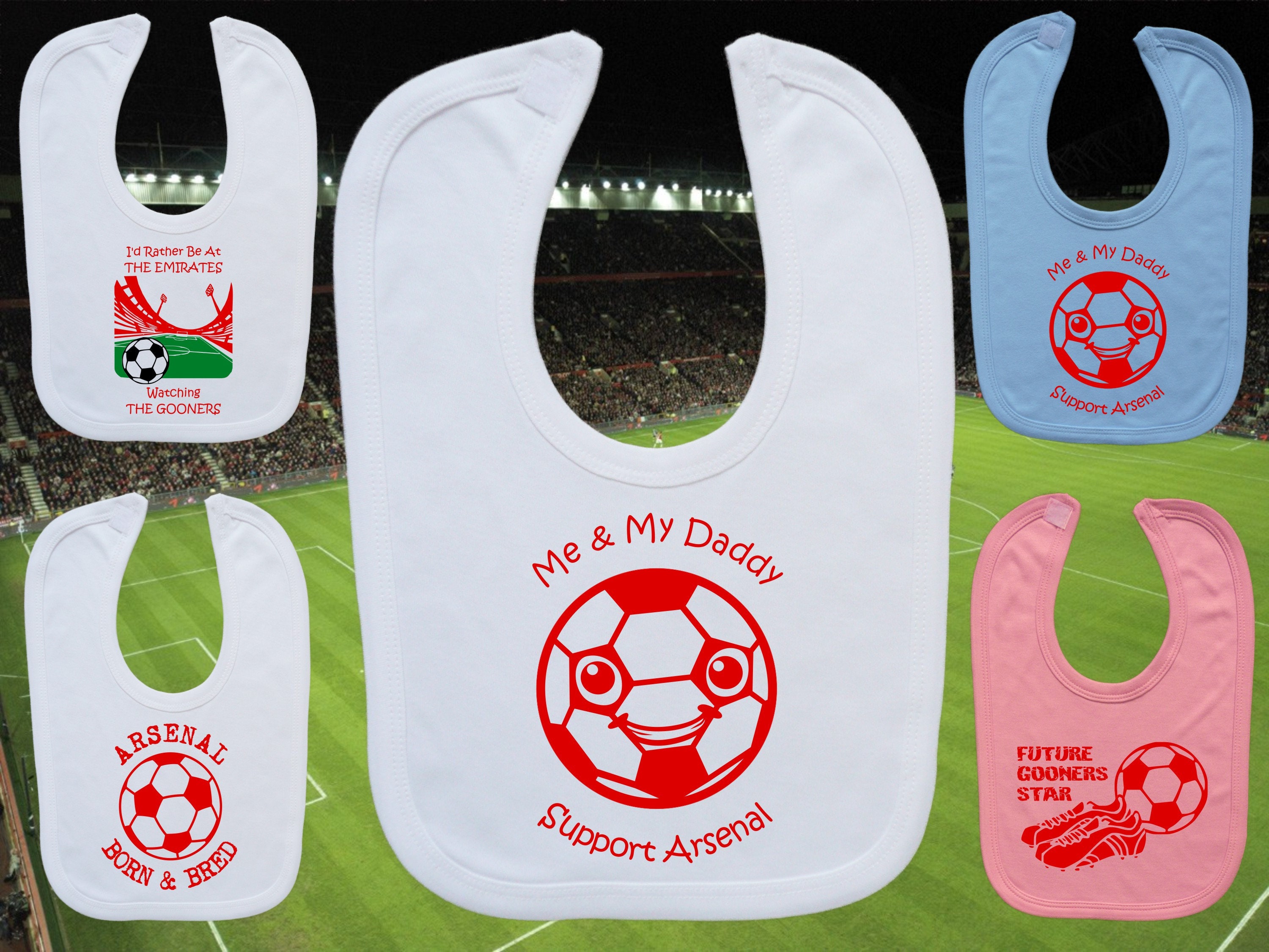 ARSENAL Supporter Football Baby BIB Gift-0-24m-White/Blue/Pink-100% Cotton-Unisex/Boys/Girls-Me & My Daddy/Mummy~Future Star~Born and Bred
