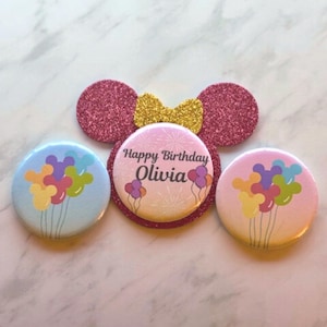 Custom Birthday Celebration Button Pins with Mickey/Minnie Foam Backer