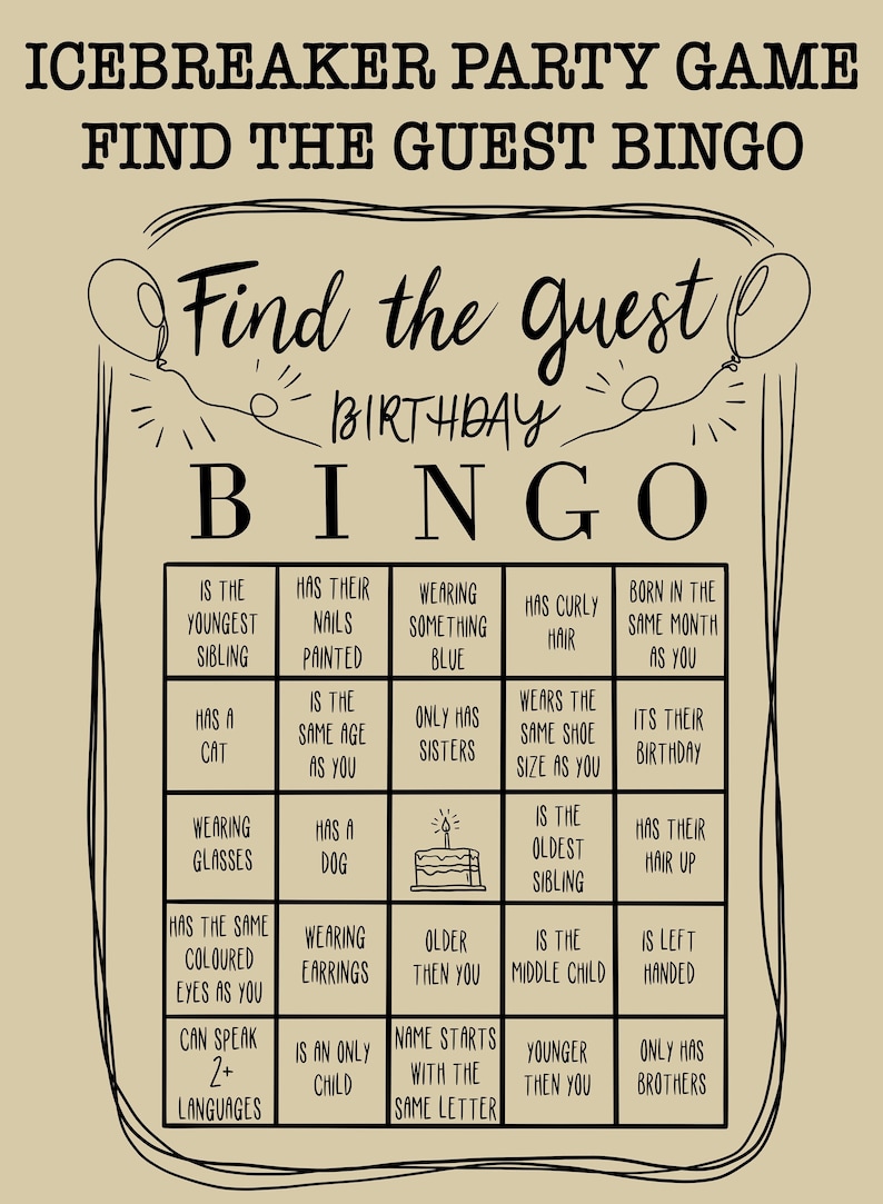 Find the Guest Birthday BINGO Icebreaker Party Game Single Card Etsy