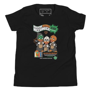 May include: Black t-shirt with a graphic of three cartoon ducks wearing Halloween costumes. The text "Not So Scary Halloween Magic Shamrock" is printed on the shirt.