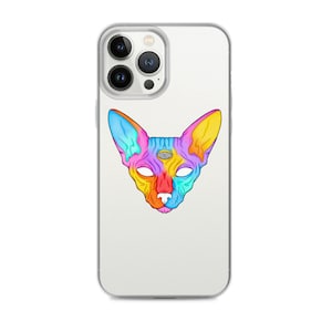 May include: A white iPhone case featuring a colourful illustration of a Sphynx cat with a third eye on its forehead. The cat is depicted in a psychedelic style with pink, blue, yellow and orange colours.
