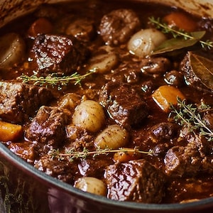 May include: A deep burgundy enamelled cast iron Dutch oven filled with a rich beef stew containing chunks of meat, carrots, and pearl onions, garnished with fresh sprigs of thyme and bay leaves, resting on an oven rack with a dark interior.