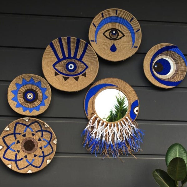 Set of 6 Home Raffia Decor with Mirror | Large African Baskets | Wall Décor | Boho Wall Décor | Hanger Wall Raffia Mirror | Gypsy Mirror