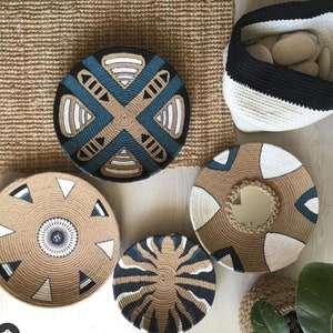 Set of 4 Large African Baskets with Mirror | Home Raffia Decor | Wall Décor | Boho Wall Décor | Hanger Wall Raffia Mirror | Fringed Mirror