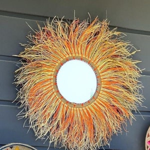 Natural Large Raffia Mirror | Home Raffia Mirror Decor | Wall Straw Mirror Décor | Boho Wall Décor | Natural Seagrass Boho Mirror