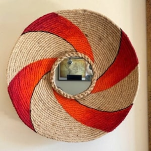 Home Natural Raffia Mirror Decor | Red Large Raffia Mirror | Wall Straw Mirror Décor | Boho Wall Décor | Natural Seagrass Boho Mirror