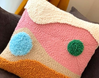 Handmade Punch Knitting Pillow Cover | Boho Multicolor & Multipattern Pillow | Cute Needle Punch | Pillow Covers