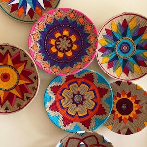 Set of 7 Large African Basket | Cute Home Raffia Decor | Boho Wall Décor | Hanger Wall Raffia Baskets | Colorful Wall African Basket