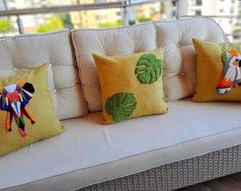 Animal Figured Punch Knitting Pillow Cover | Figured Multicolor & Multipattern Pillow | Cute Needle Punch | Pillow Covers