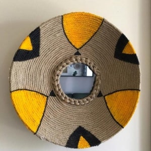 Home Natural Raffia Mirror Decor | Yellow Large Raffia Mirror | Wall Straw Mirror Décor | Boho Wall Décor | Natural Seagrass Boho Mirror