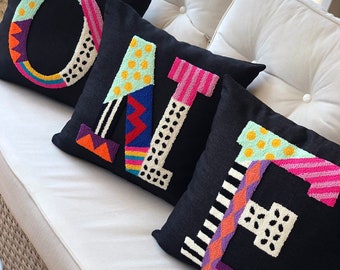 Handmade Punch Knitting Letter Pillow Cover | Boho Multipattern Letter Pillow | Cute Needle Punch | Pillow Covers
