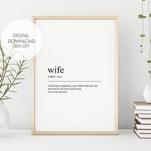 Wife Definition Print | Wife Wall Art | Anniversary Gifts | Gift for Her | Valentine&#39;s Gift | Printable Wall Art | Instant Download