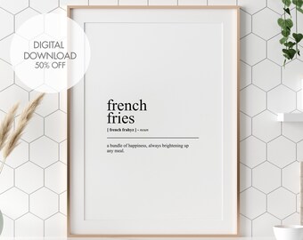 Plakat z definicją frytek | Sztuka ścienna z frytkami do kuchni | Sztuka ścienna z fast foodem | Plakat z definicją ziemniaka | Minimalistyczna sztuka ścienna do kuchni