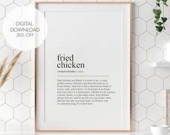 Puede incluir: Una impresión de arte de pared imprimible en blanco y negro con el texto "fried chicken" y una definición de pollo frito. El texto dice: "fried chicken, mi amigo, es una obra de arte, un lienzo dorado crujiente, con carne jugosa y sabrosa como sus pinceladas, cada bocado es como una mezcla armoniosa de sabroso, salado y crujiente, es porno de comida en su máxima expresión, y cada pieza es una obra maestra, ya sea para un picnic, una cena familiar o un refrigerio nocturno, el pollo frito siempre se entrega, y déjame decirte, mi amigo, cuando ese primer bocado golpea tus papilas gustativas, sabrás por qué se llama el rey de la comida reconfortante."