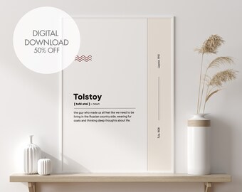 Tolstoi divertido arte impresión, Leo Tolstoi literatura rusa arte de la pared imprimible, decoración de la pared de la clase de literatura, arte de la pared de la biblioteca, regalo para el escritor