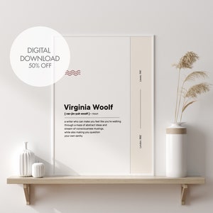 May include: A minimalist printable art print with a white background and black text. The print features a definition of Virginia Woolf as a writer who can make you feel like you're walking through a maze of abstract ideas and stream-of-consciousness musings. The print also includes her birth and death dates.