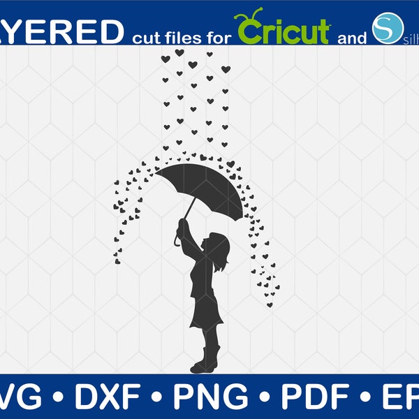 Girl With Umbrella Svg, Love Clipart, Heart rain, Girl Silhouette, Svg Files For Cricut, Dxf, Png, Pdf, Eps For Cutting