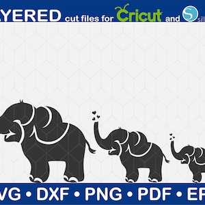 May include: Three black silhouette elephants of different sizes, with the largest elephant's trunk raised in the air with hearts floating above it.  The elephants are standing on a white background with a grey geometric pattern.