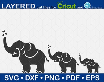 Drie olifanten Svg, Olifant met harten, Liefde Svg - Instant Digital Download, Cute Elephant, Voor Cricut, Silhouet