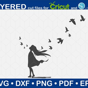 Girl With Birds Svg, Girl Clipart, Birds Flying, Freedom Silhouette, Svg Files For Cricut, Dxf, Png, Pdf, Eps For Cutting
