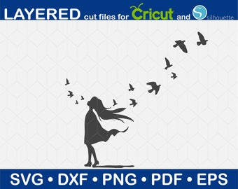 Meisje met vogels Svg, meisje clipart, vogels vliegen, vrijheid silhouet, Svg bestanden voor Cricut, dxf, png, pdf, eps voor snijden