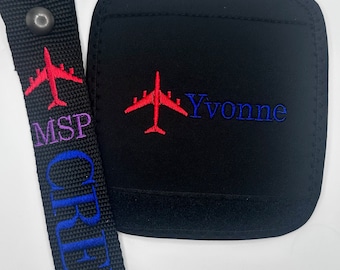 2  Piece Customized Personalized Embroidered Snap Bag Tag and Luggage handle wrap for Flight Crews/Flight Attendant Tags