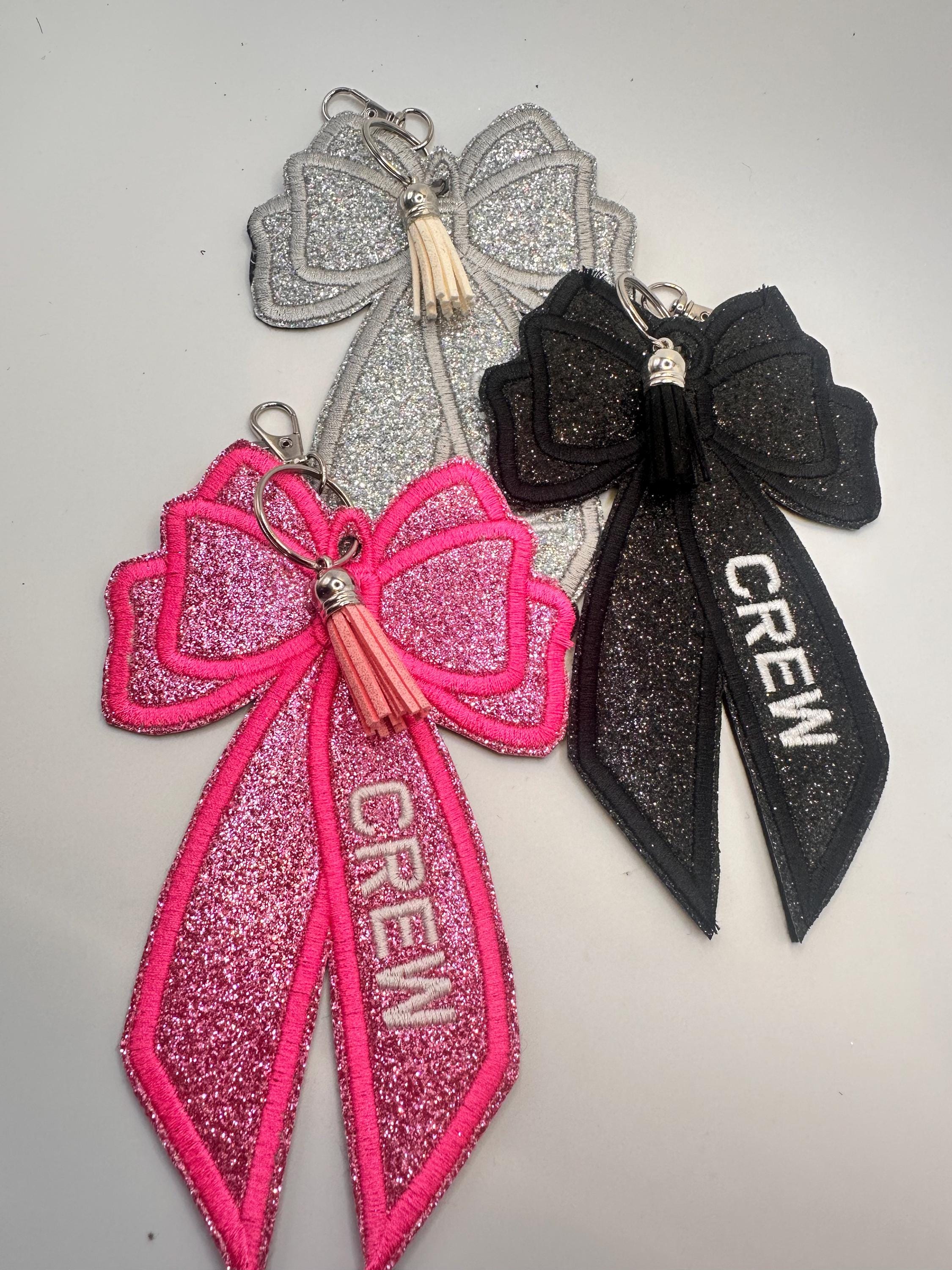Glitter / Faux Leather Bow Flight Crew Luggage Tag: Embroidered Bag Charm