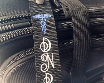 Personalized  Embroidered Nurse caduceus  Luggage or Bag Tag with Initials! New Strap Colors!