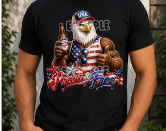 Aquila patriottica PNG, Proud & Free PNG, Design per maglietta patriottica da uomo, Sublimazione per il 4 luglio, Aquila con bandiera americana, USA PNG