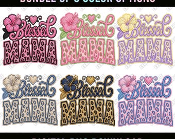 Ricamo Mamma Benedetta, Mamma ricamata in finto patchwork, Stampa leopardata floreale con ibisco, Download digitale per la Festa della Mamma, Mamma Boho PNG